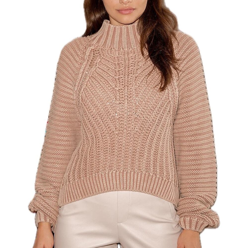 Free People Natural Cotton Neutral Tan Chunky Knit Mock Neck Sweetheart Sweater